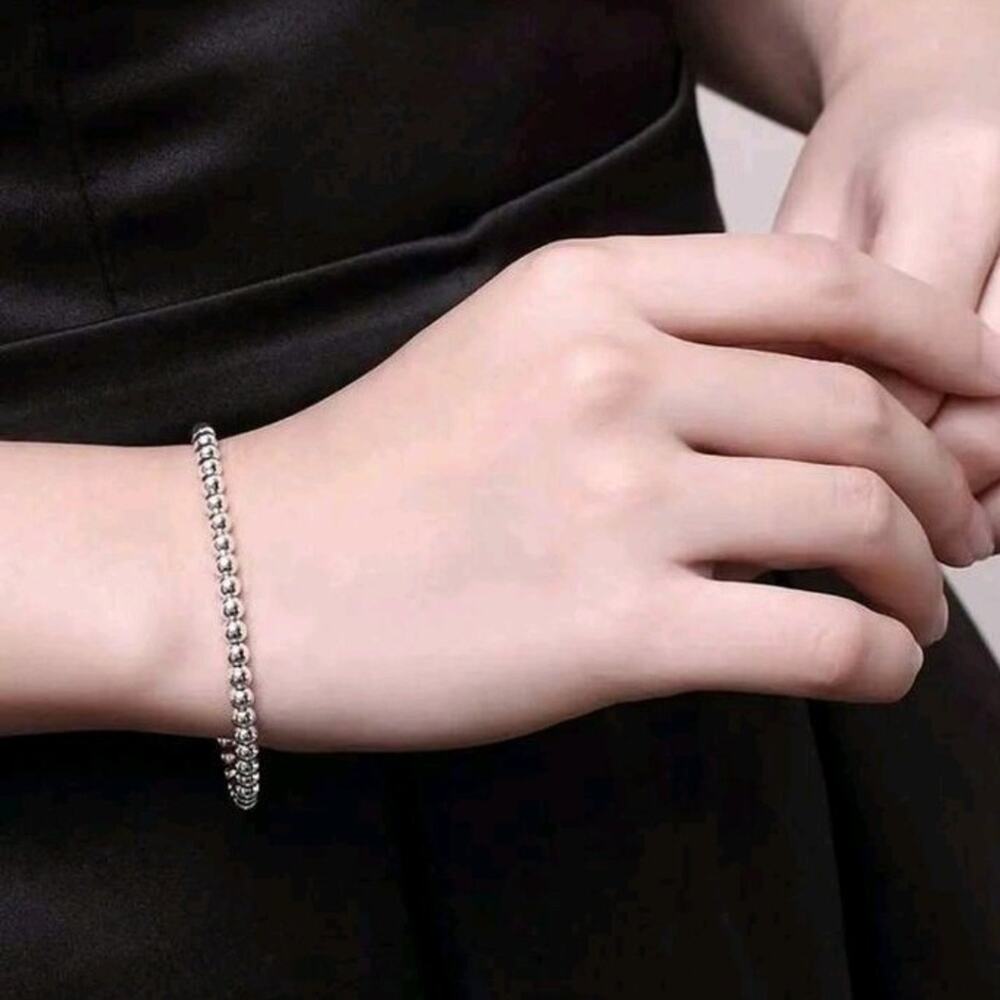 925 Sterling Silver Bracelet 4mm Beaded Ball Chain Women's 90s Y2K Fashion Gift
